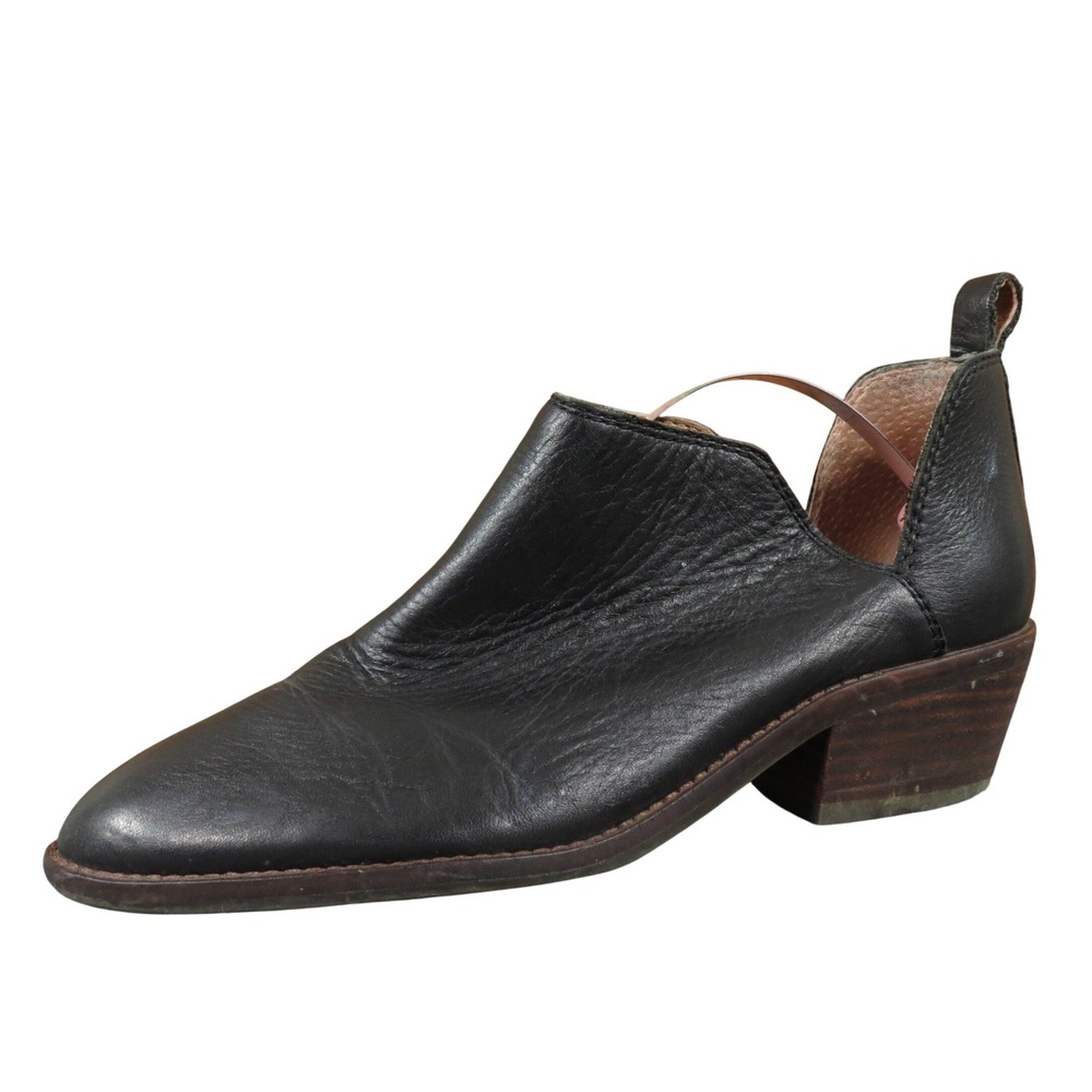 Lucky Brand Fayth2 Women Size 6 Black Leather Ankle Bootie Slip On Stacked Heel